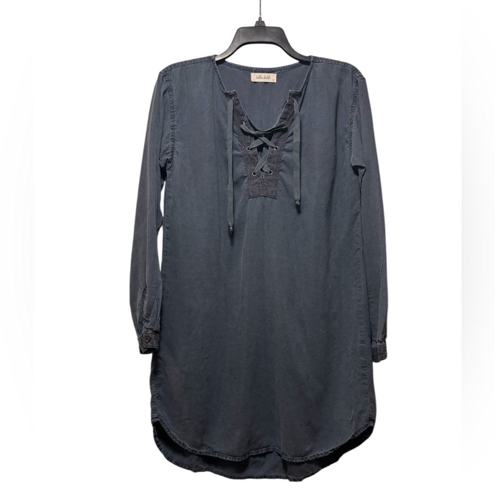 BELLA DAHL Navy Blue Dress with Lace Up Detail and Roll Up Sleeves